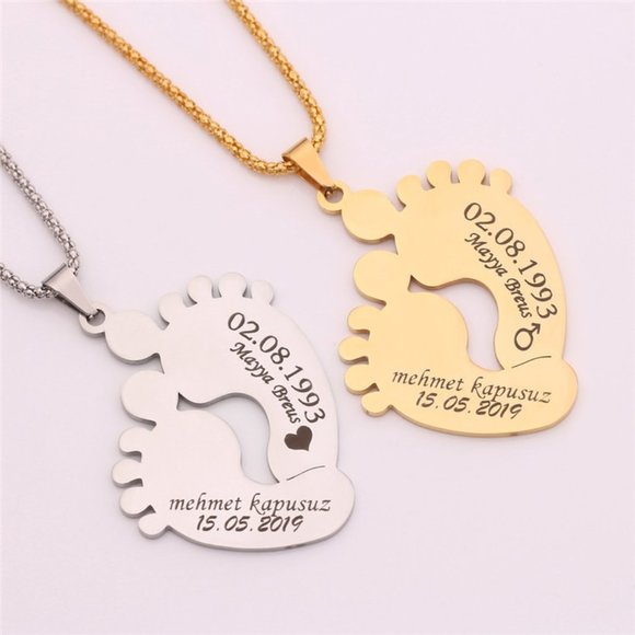 Custom Engraved Stainless Steel Baby Feet Name & Birthday Pendant Necklace - Picture 7 of 10